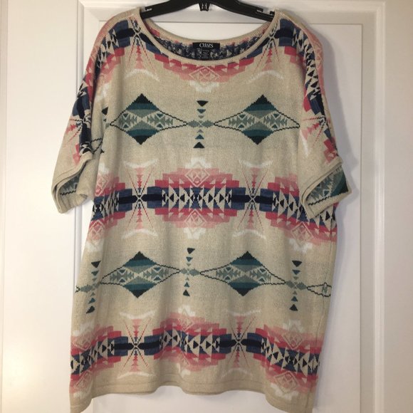 Chaps Sweaters - Chaps Aztec Beige Knit Short Sleeve Sweater 2X